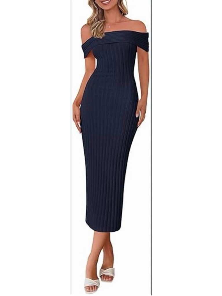 New Navy Blue Bodycon Ribbed Off Shoulder Midi Dress Xl